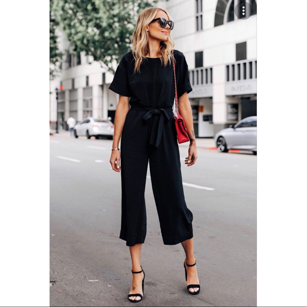 Everlane Black Short-Sleeve Tie-Waist Cropped Jumpsuit
